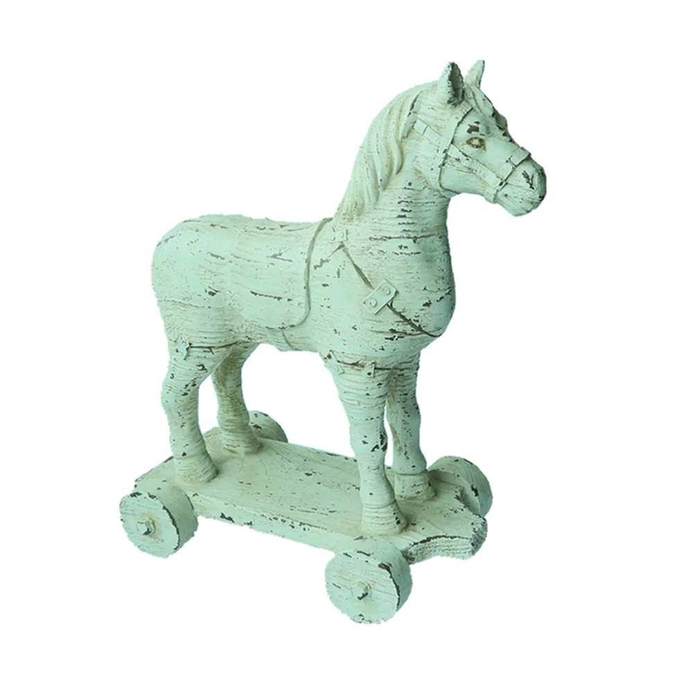 Home Decoration Horse Sculpture Wholesale Resin Horse Animal Figurine Vintage Toy Wood Effect Polyresin Horse Statue on Wheels
