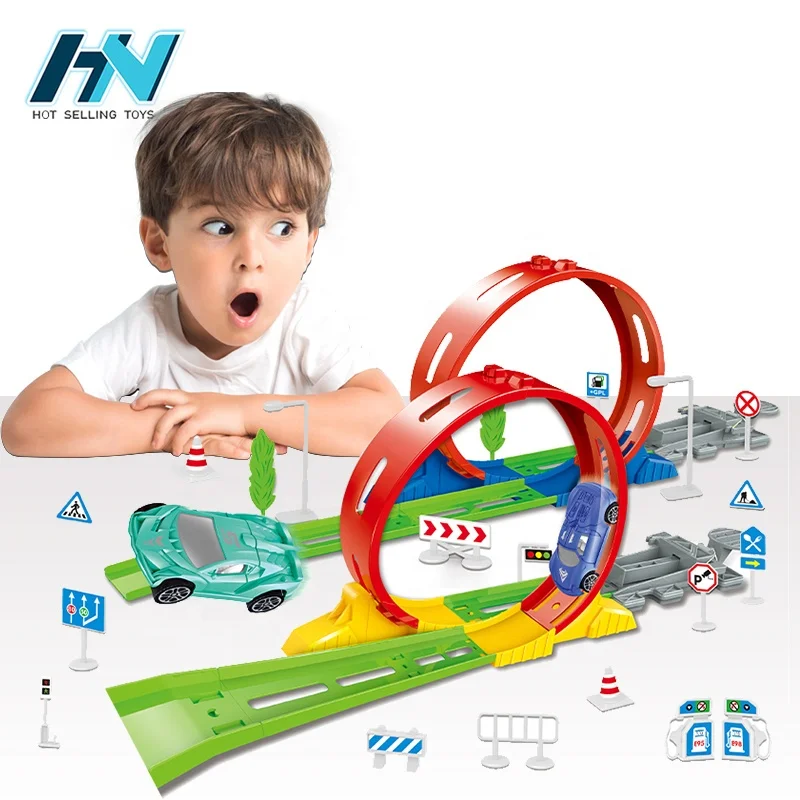 Special effects track racing 360 rotation 4pcs mini car Ejection race track for kids