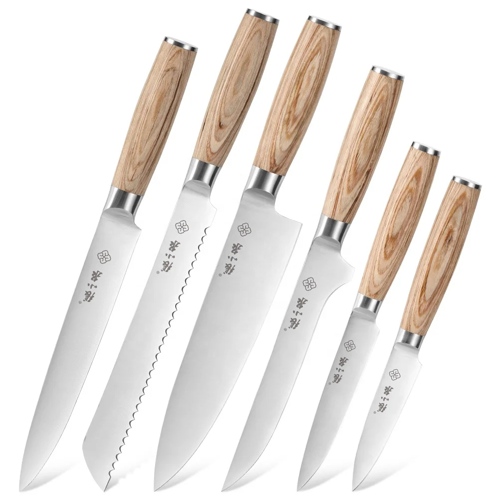 Hot Sale Custom Logo 5 Pcs Acacia Wood Handle Kitchen Knife Sets Stainless Steel Knife Set