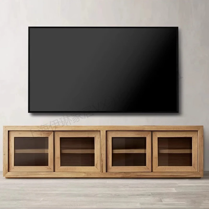 RH American country solid wood TV cabinet living room oak retro four-door locker against the wall storage cabinet custom