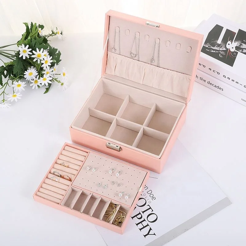 Glorystar Women 2 Layer Jewelry Box Organizer Wooden Display Storage Jewel Holder Removable Tray Jewelry Display Drawer Case