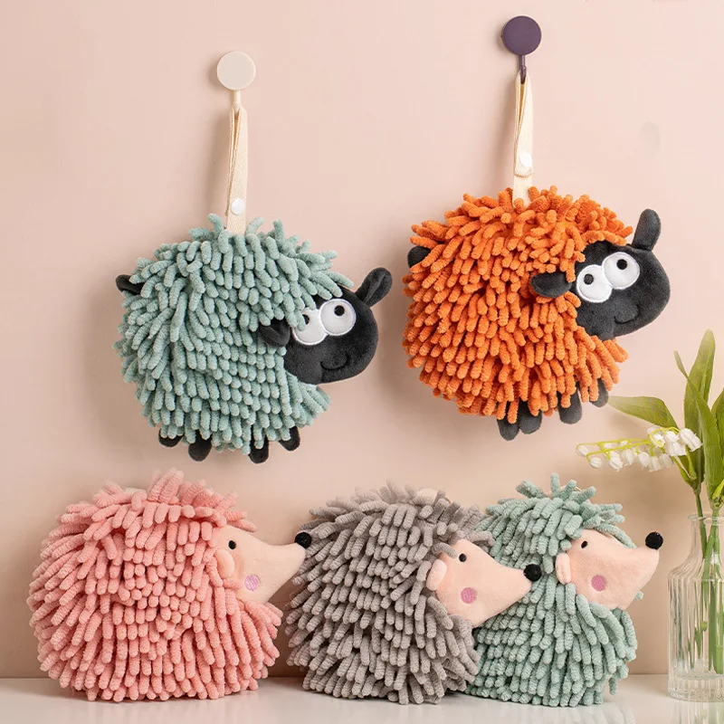 FF3469 Chenille Bathroom Kitchen Cute Hand Drying Towel Absorbent Cleaning Cloths Rag Hedgehog Sheep Fuzzy Ball Hand Towel