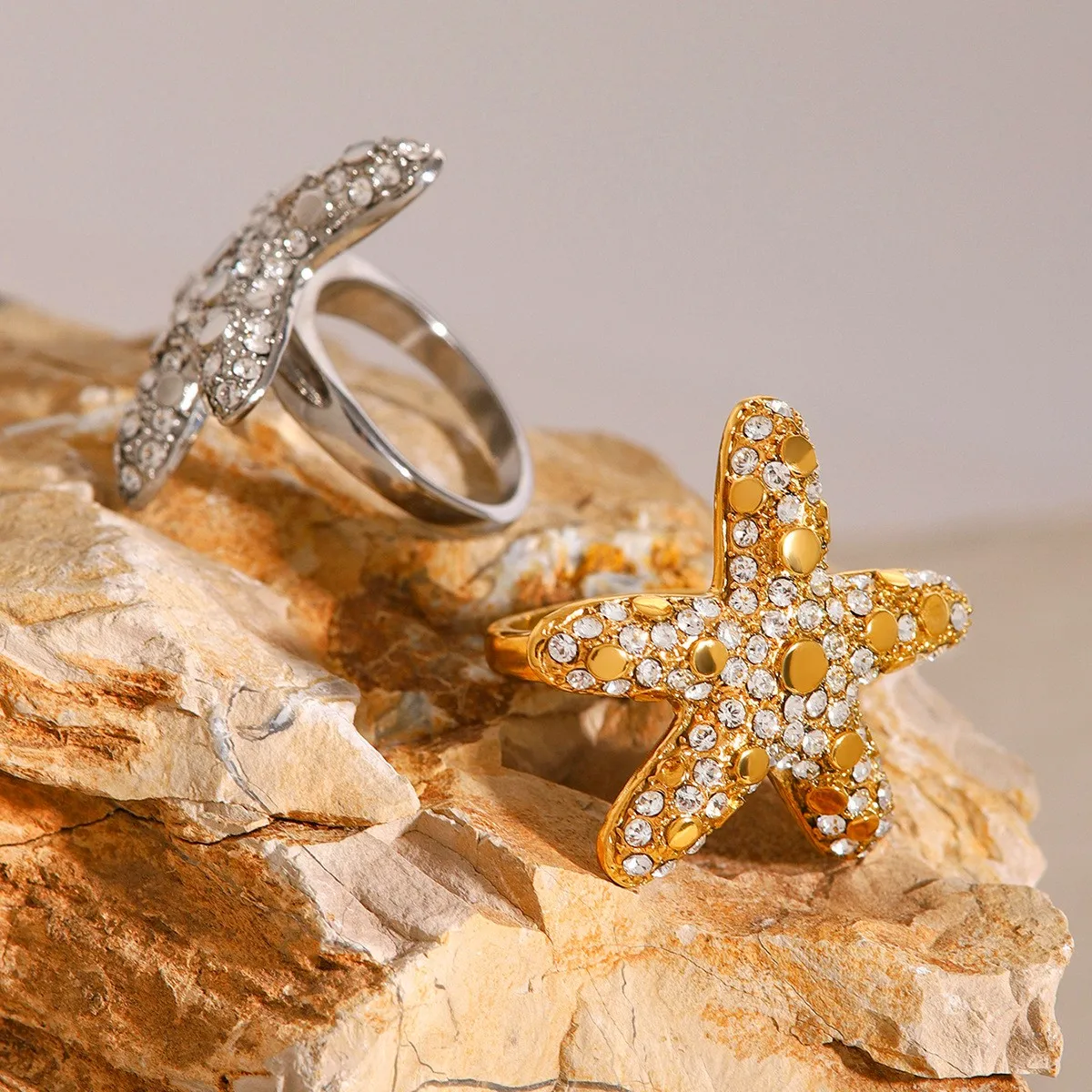 New Ocean Series Starfish Stainless Steel Ring Geometric Zircon 18k Pvd Coated Waterproof Non-fading Fashion Jewelry Ring
