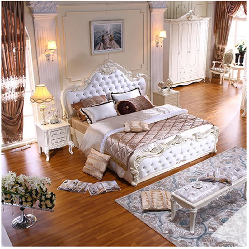 Bedroom Set Furniture Luxury Classic Style Wooden Carved Frame Leather King Size Bed