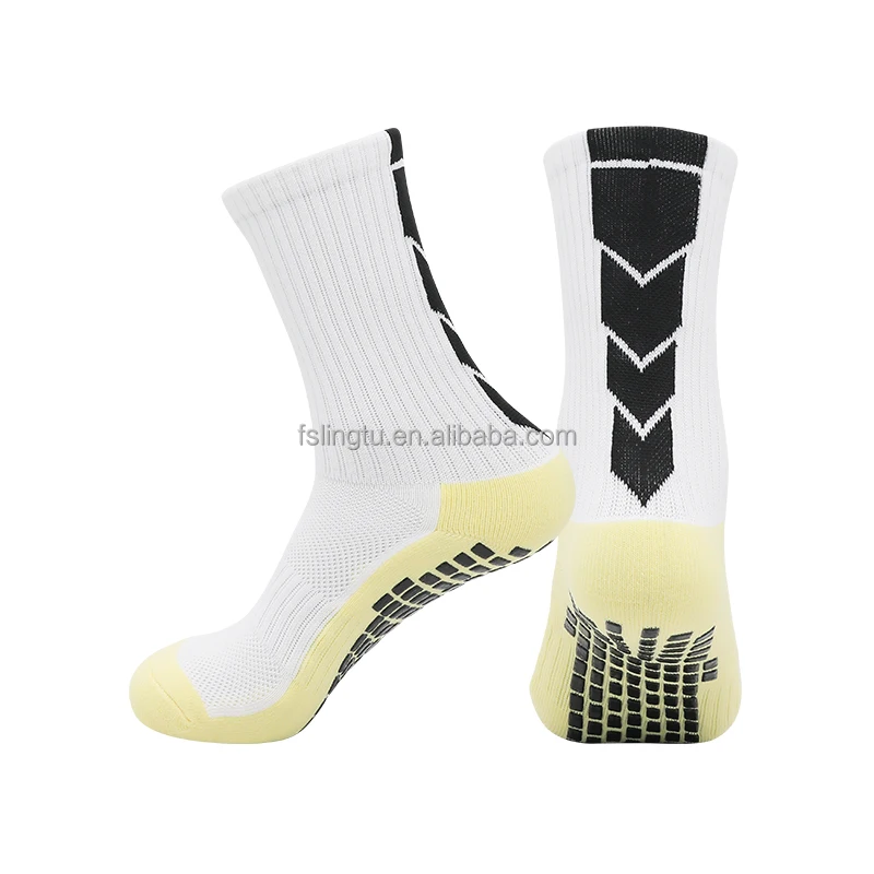 Polyester White Grip Socks custom Embroidery logo custom Sports socks with arrow pattern solid color soccer grip socks football