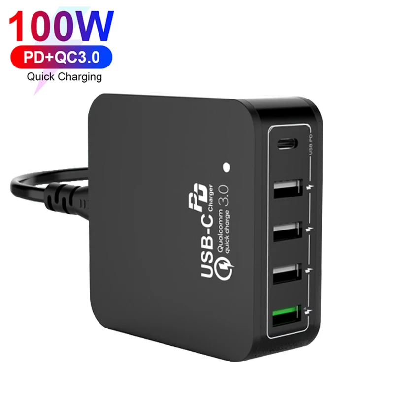 100W High Power 5-Ports Desktop Charging Adapter QC3.0 + PD USB PD Charger for Multiple Devices