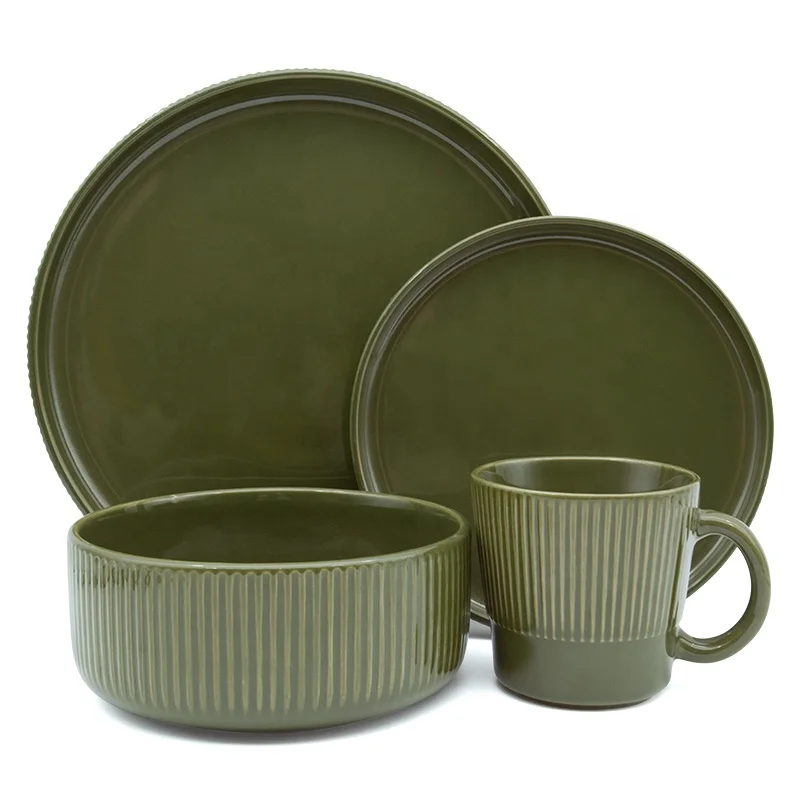 china Embossed dark green glazed luxurious Eco-friendly Stoneware dinnerware sets for Europe market popular tableware set