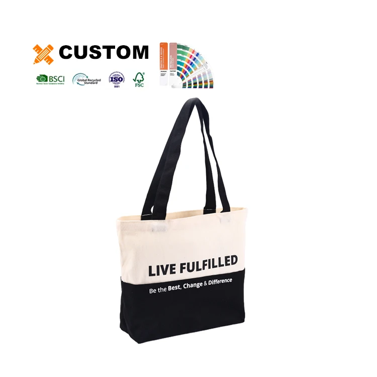 Custom Logo Printed Large Capacity Black Cotton Shopping Tote Grocery Bags Heavy Duty Canvas Shoulder Bags