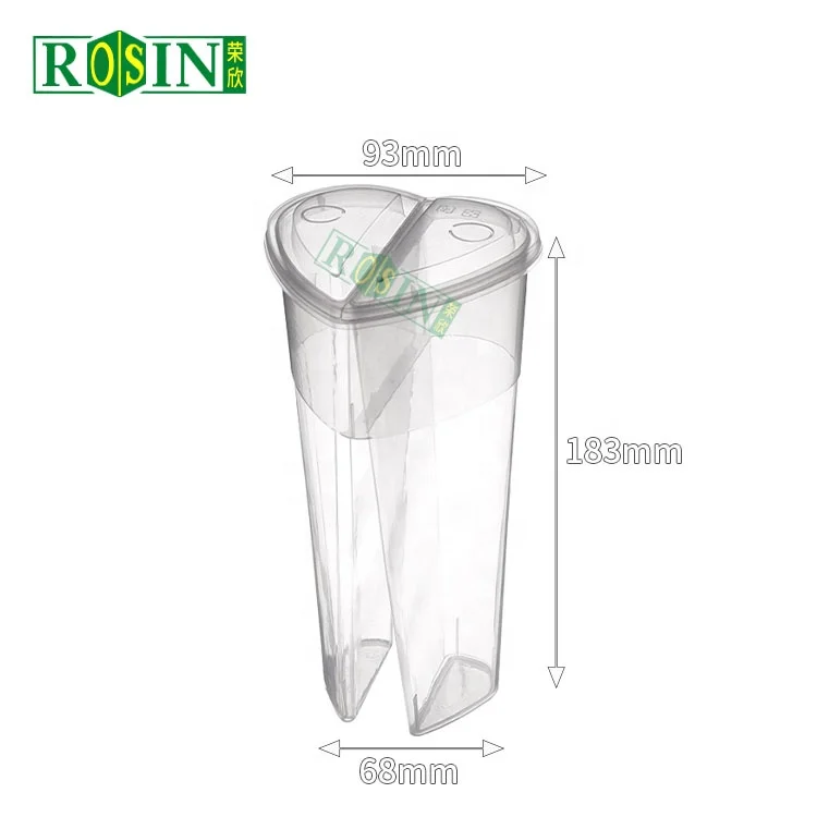 custom 16oz 22oz 700ml clear plastic disposable u shape pet bubble tea plastic split twin cup with straw lid