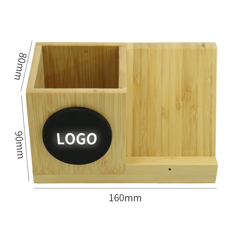 High Quality Bamboo Wireless Charger Of Pen container with Customized LED Light-up Logo Size 16*9*8cm Wireless Charging Penrack