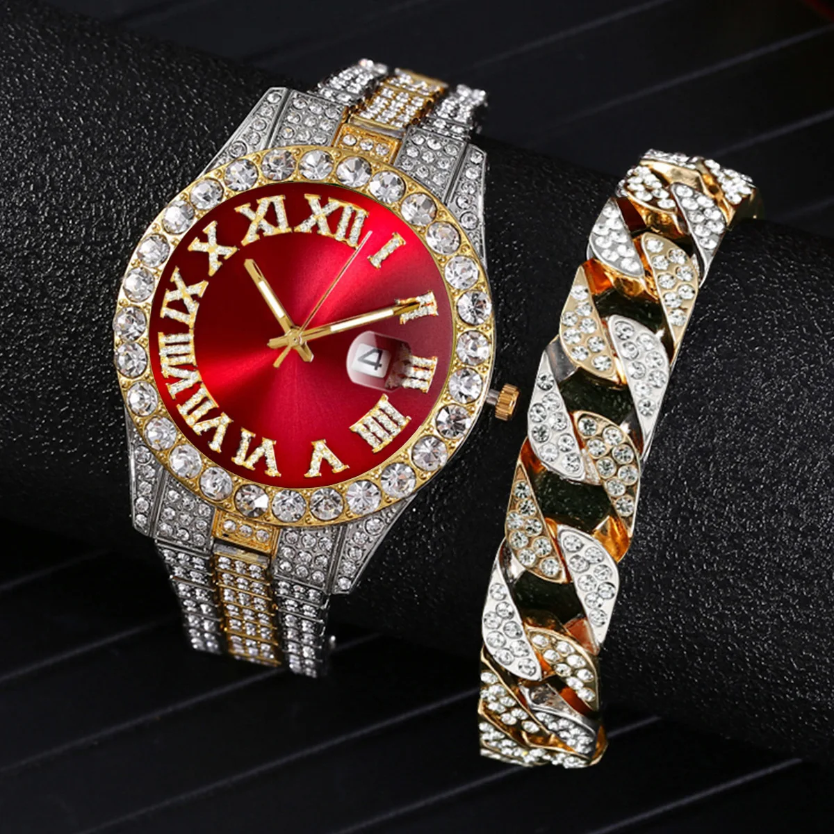 Diamond-encrusted Luxury Steel Band Quartz Watch Hip-hop Cuban Bracelet Alloy Bracelet Clasp Stainless Steel Unisex Round 68