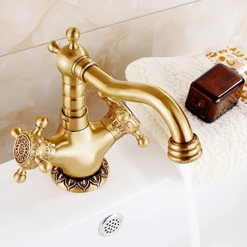 Brass Basin Sink Tap Exquisite Carved Antique Faucet Chinese Style Double Handle Hot And Cold Water AF1090