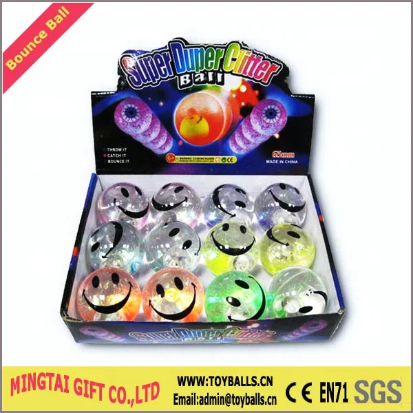 65mm Colorful Ribbon Flashing Glitter Smile Water Bouncing LED Light Ball For Kid Children Toys