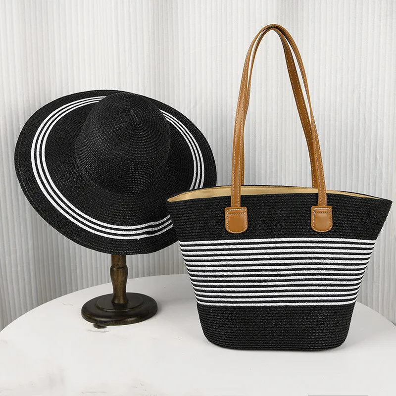 Summer Ladies Beach Hat Woman Wide Paper Floppy Straw Hat With Shoulder Straw Bag Set