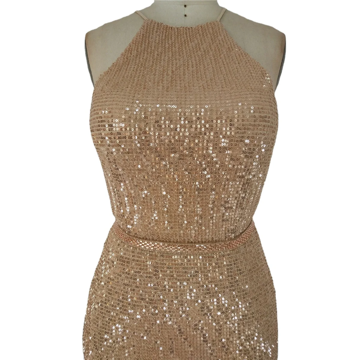 New design Mexican style halter pleated sequin fabric ladies evening dress for party