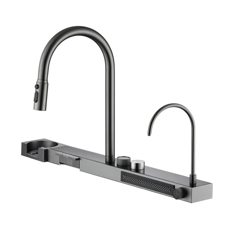 Stainless Steel Temperature Digital Display Pull Down Kitchen Faucet with Base Waterfall
