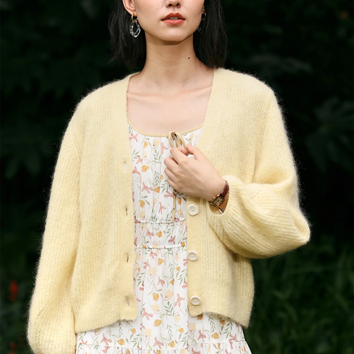 New Design Puff Sleeve Loose Knitted Sweater Mohair Sweater Button Knitted Mohair Cardigan