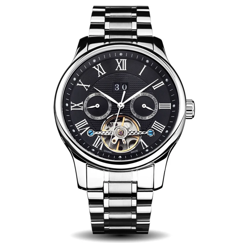 Мужские водонепроницаемые автоматические механические часы с календарём и корпусом из нержавеющей стали