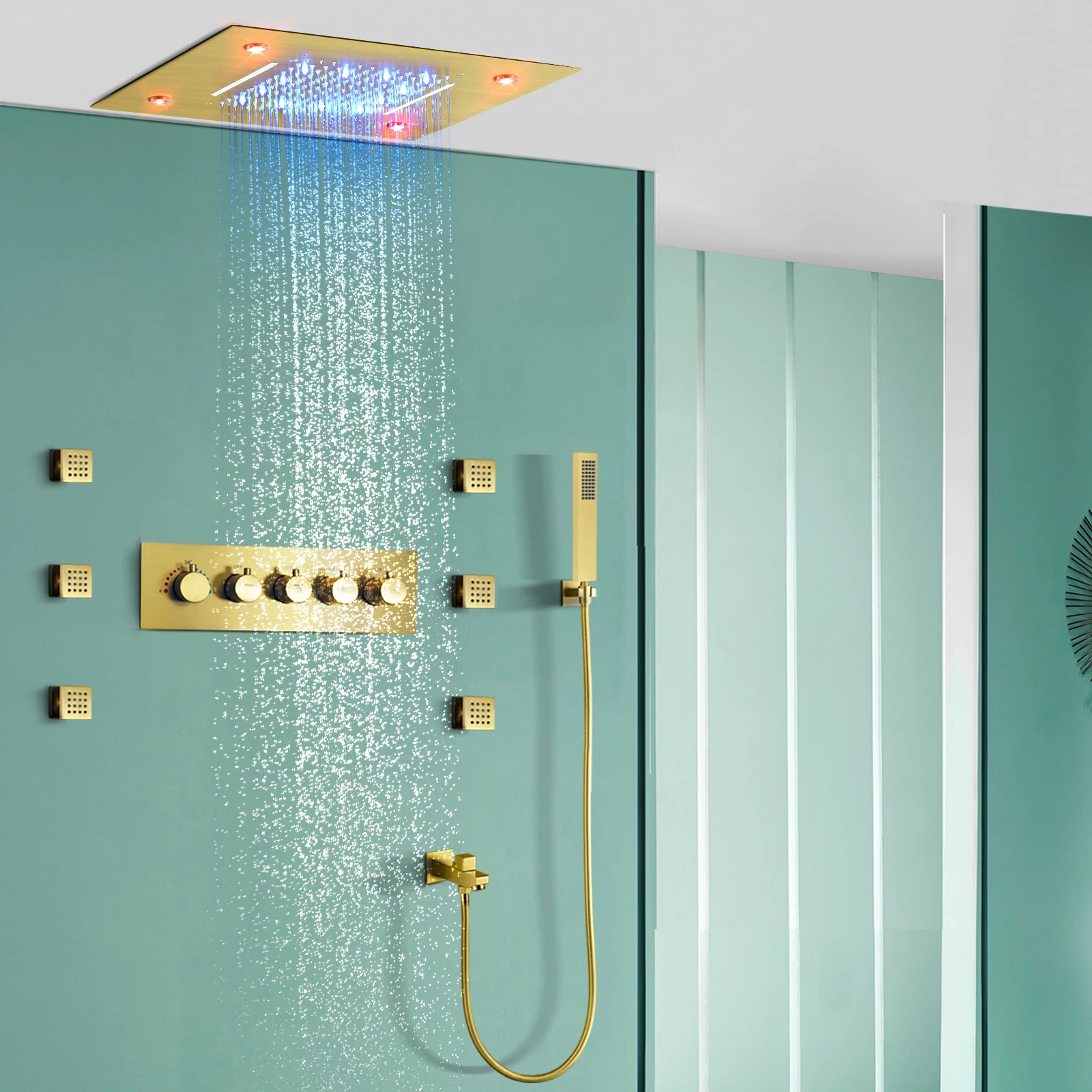 20*14inch Brushed Gold Bathroom Waterfall LED Shower Head Five-Function Wall Mounted Thermostatic Shower Set