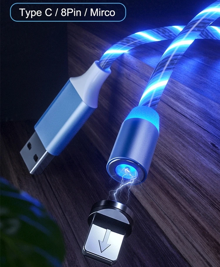 ph5mm 2pin portable usb charger rotating tpe 5v/2.4a magnetic led flowing mobile phone fast charging cable luminous 3 in 1