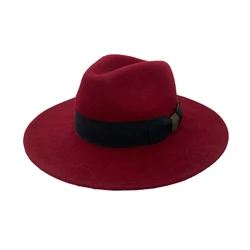 Wholesale New Trendy Ladies Dark Red 100% Wool Felt Women Flat Brim Handmade Wide Brim Jazz Fedora Hat  With Ribbon Rope