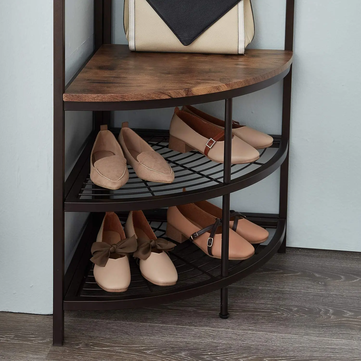 Винтажное Угловое дерево с скамейкой для обуви, вешалка для пальто с 6 двойными крючками, коричневая ретро