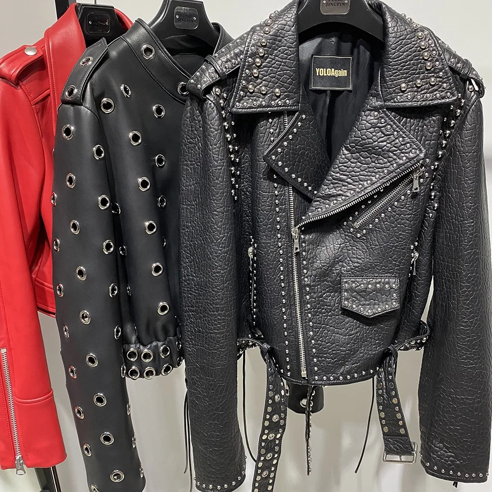 Genuine leather ladies jackets leather jacket biker ladies leather studded jacket