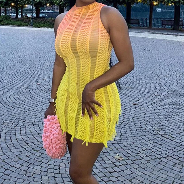 GX24208 New fashion summer elegant gradient party dresses causal sleeveless turtleneck sexy tassel mini dress