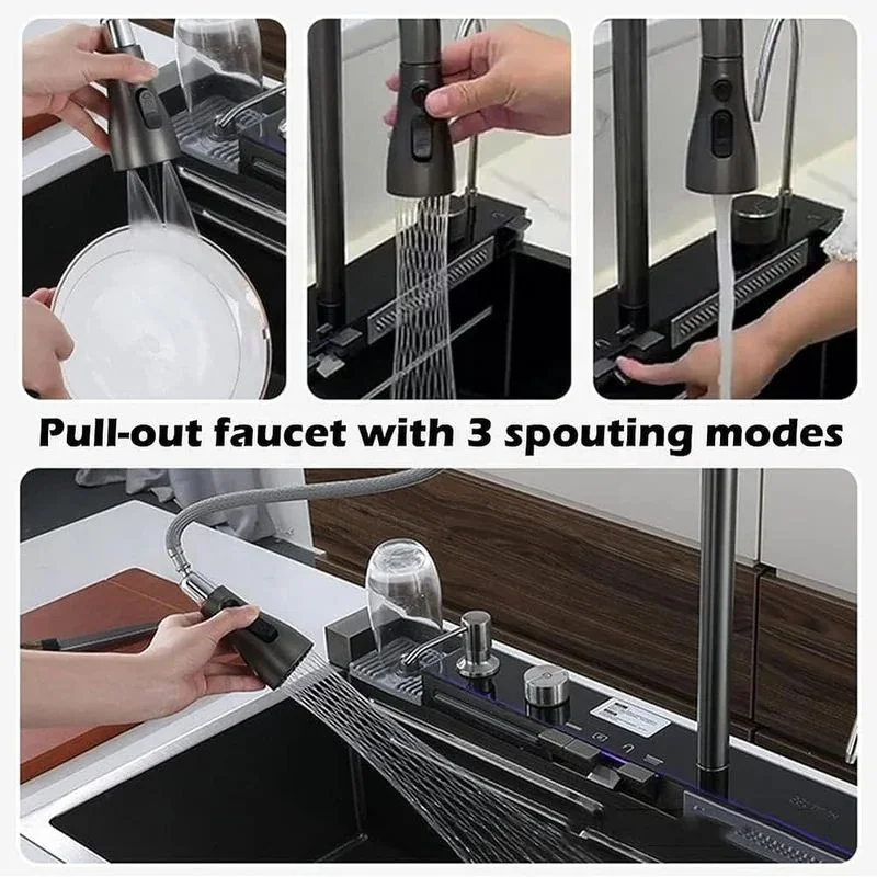 2024 Flying Rain Waterfall Sink Custom Stainless Steel Hand crafted Large Single Sink Kitchen Sinks smart