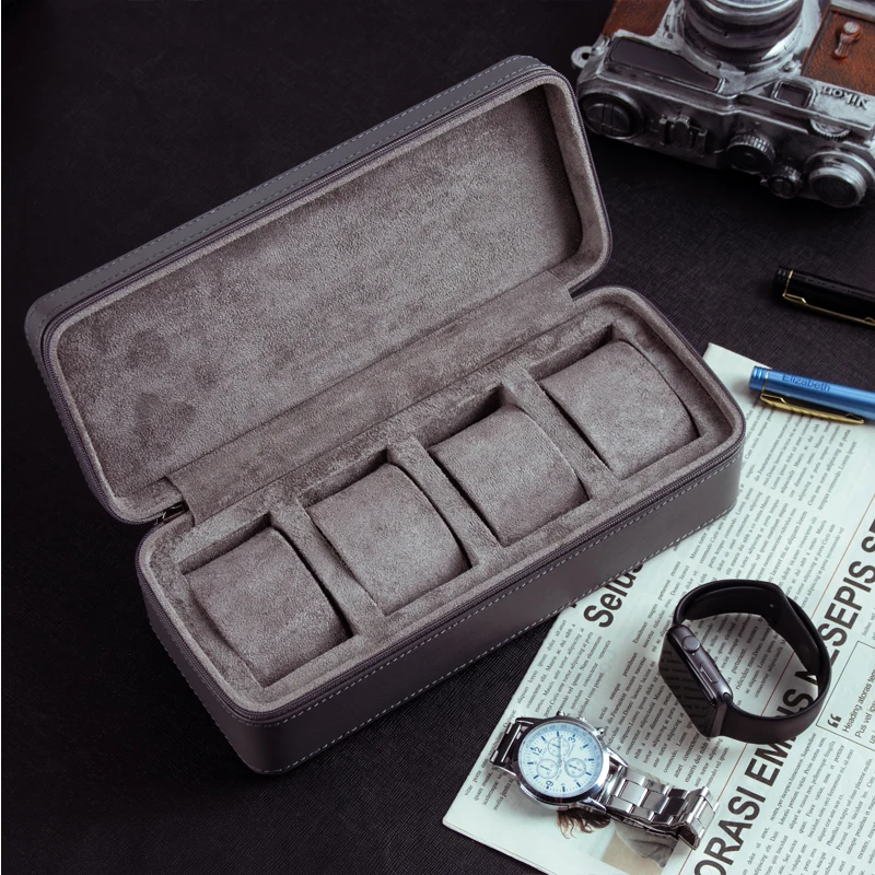4 Slot Grey Leather Zipper Portable Storage Display Watch Travel Case Box With Cushions