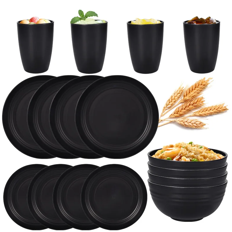 Kitchen Dishes 24-piece Premium Unbreakable Microwave Safe Plastic Wheat Straw Dinnerware Sets for 8 People
