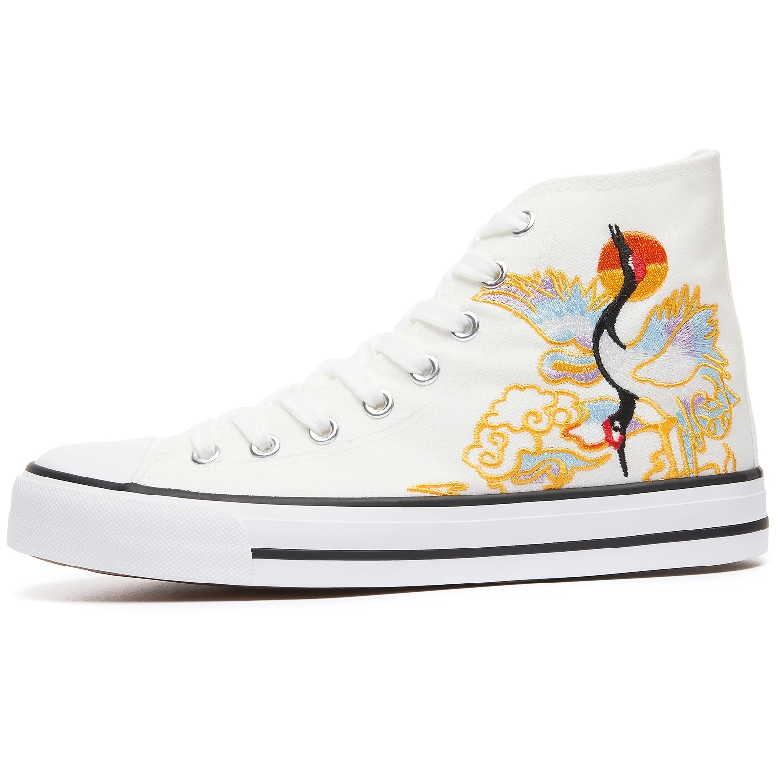 21055 Factory wholesale high-top pattern casual shoes non-slip durable fashion canvas shoes white crane custom walking shoes