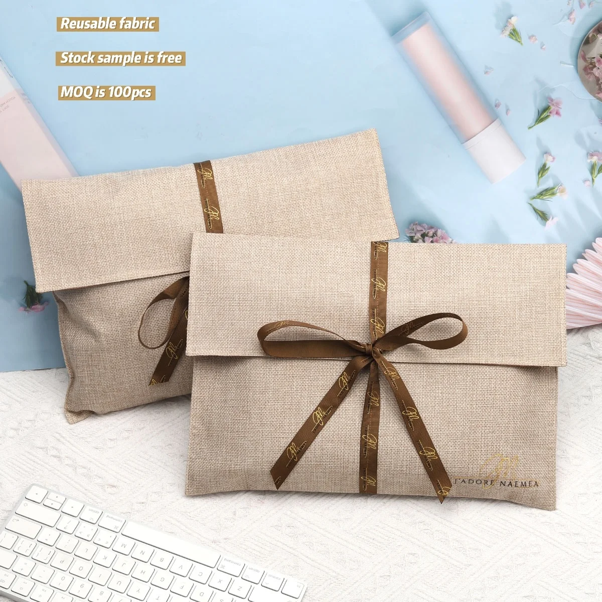 Custom Logo Printed Jute Envelope Dust Bag With Ribbon Natural Jute Flap Pouch Luxury Linen Envelope Shoe Clothes Bags
