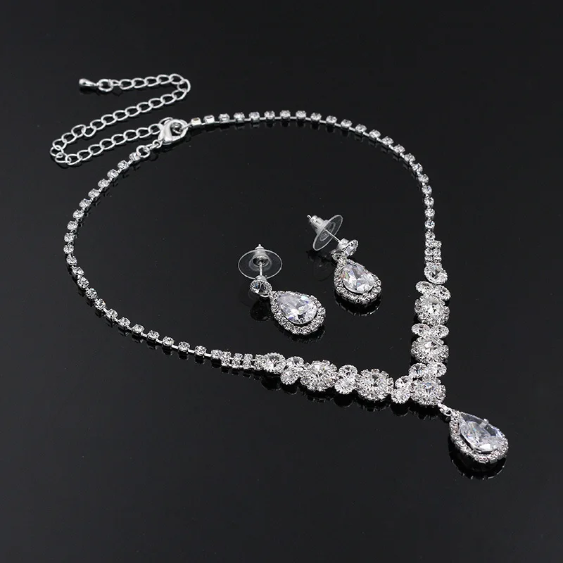 DAIHE Water Drop White Gold Round large crystal Stone Chain fine Jewelry 2pc earring set