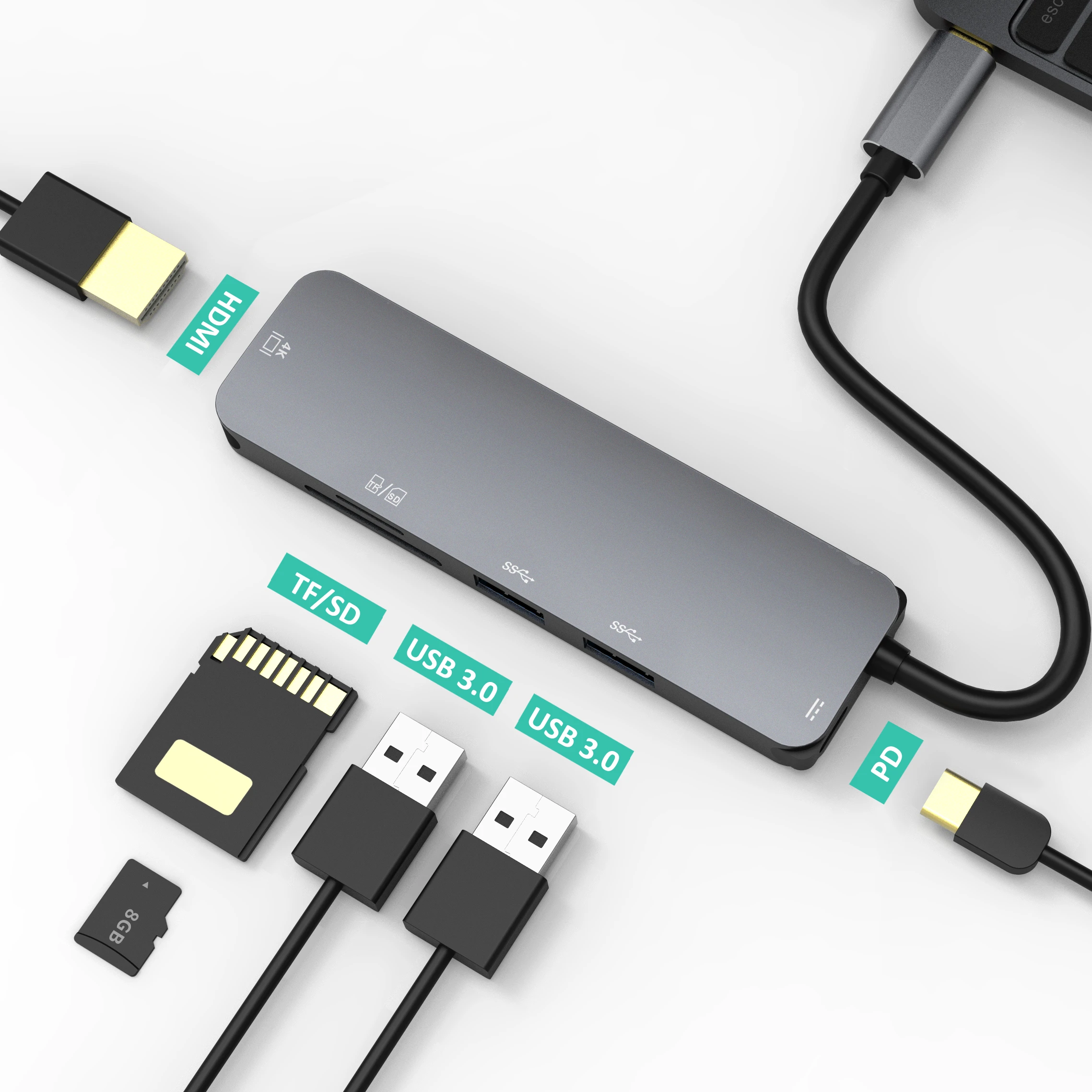  Изготовленным на заказ логосом 6 в 1 Алюминий 4K Кабель с разъемом USB типа C концентратор проходной 60 Вт Мощность доставки SD устройство для считывания tf-карт и 2 * USB3.0