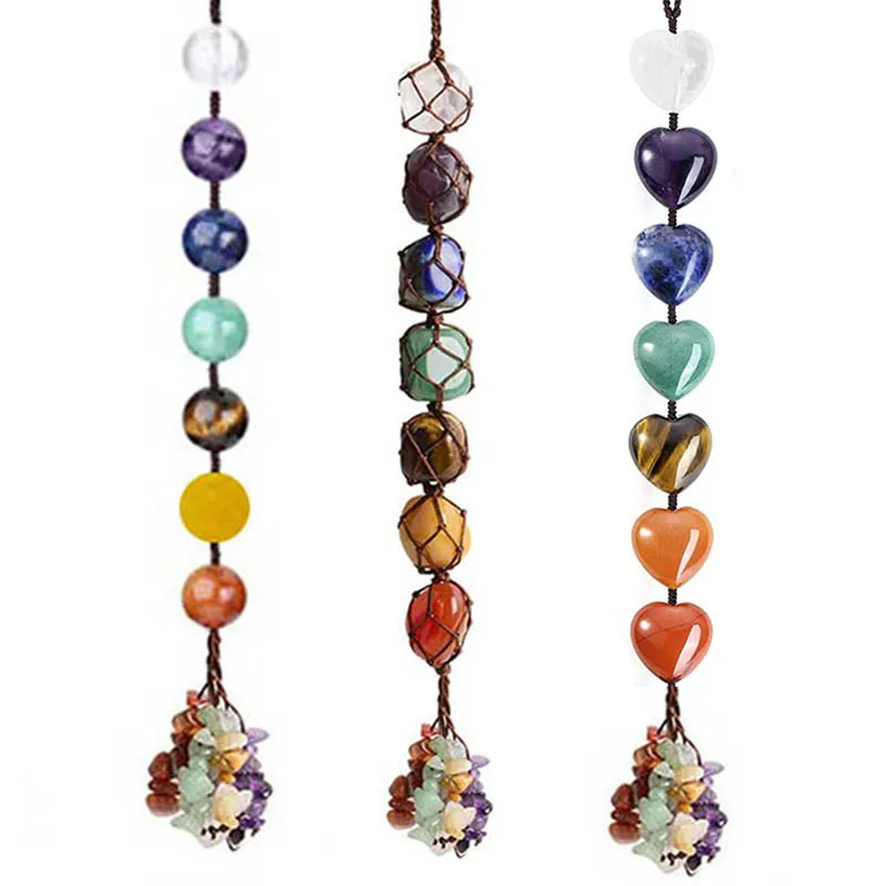 Top Sale 7 Chakras Stones Healing Crystal Tree of Life Car Hanger Tumbled Gemstones Dreamcatcher Pendant