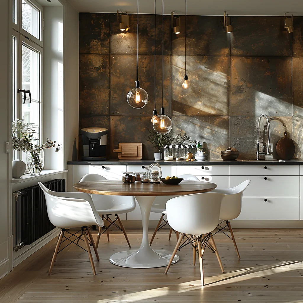 AI Creative Concept Design Nordic Kitchen Dining Room White And Wood Style Design 3D Rendering Service