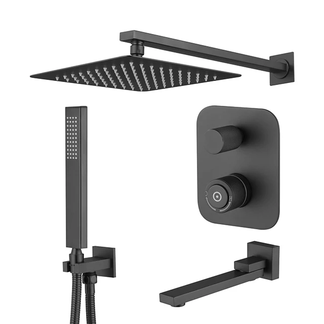 
SWATER S02 thermostatic in wall faucet luxury bath bathroom rain shower set, black hot and cold stainless steel no sliding bar 