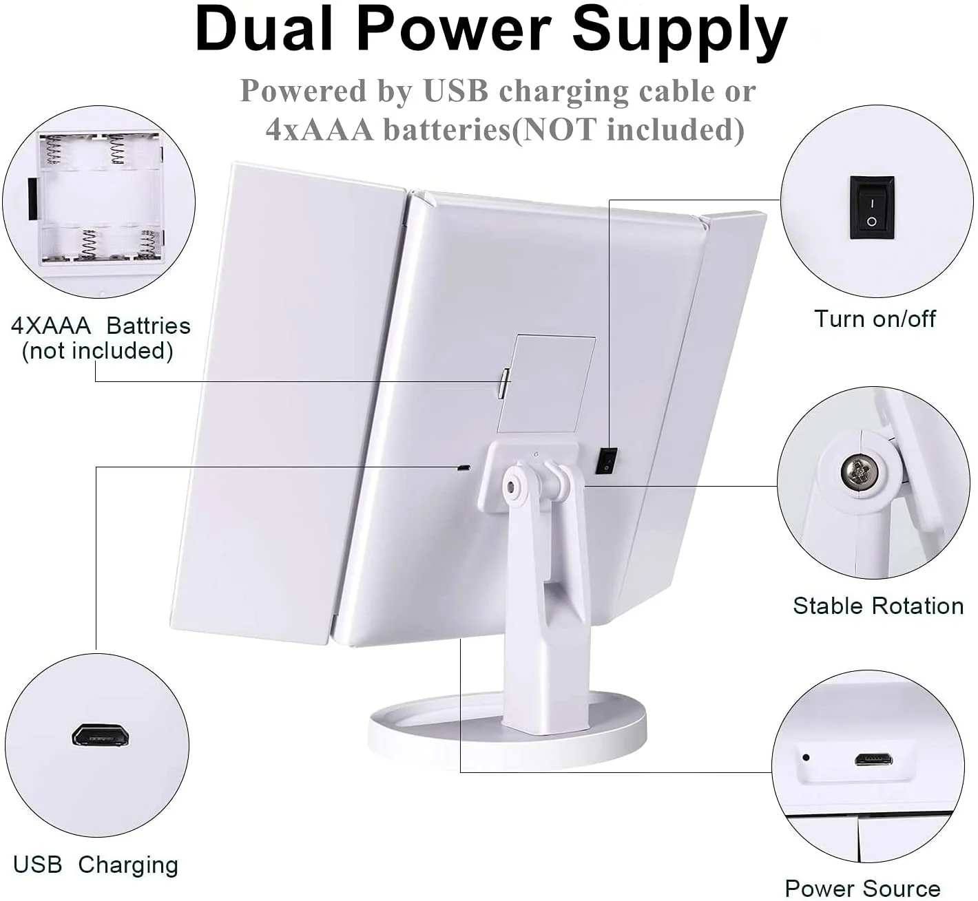 LED Lighted Trifold Makeup Mirror 1X/2X/3X/10X Magnification Vanity Mirror 22 Led Lights Touch Screen with Dual Power Supply