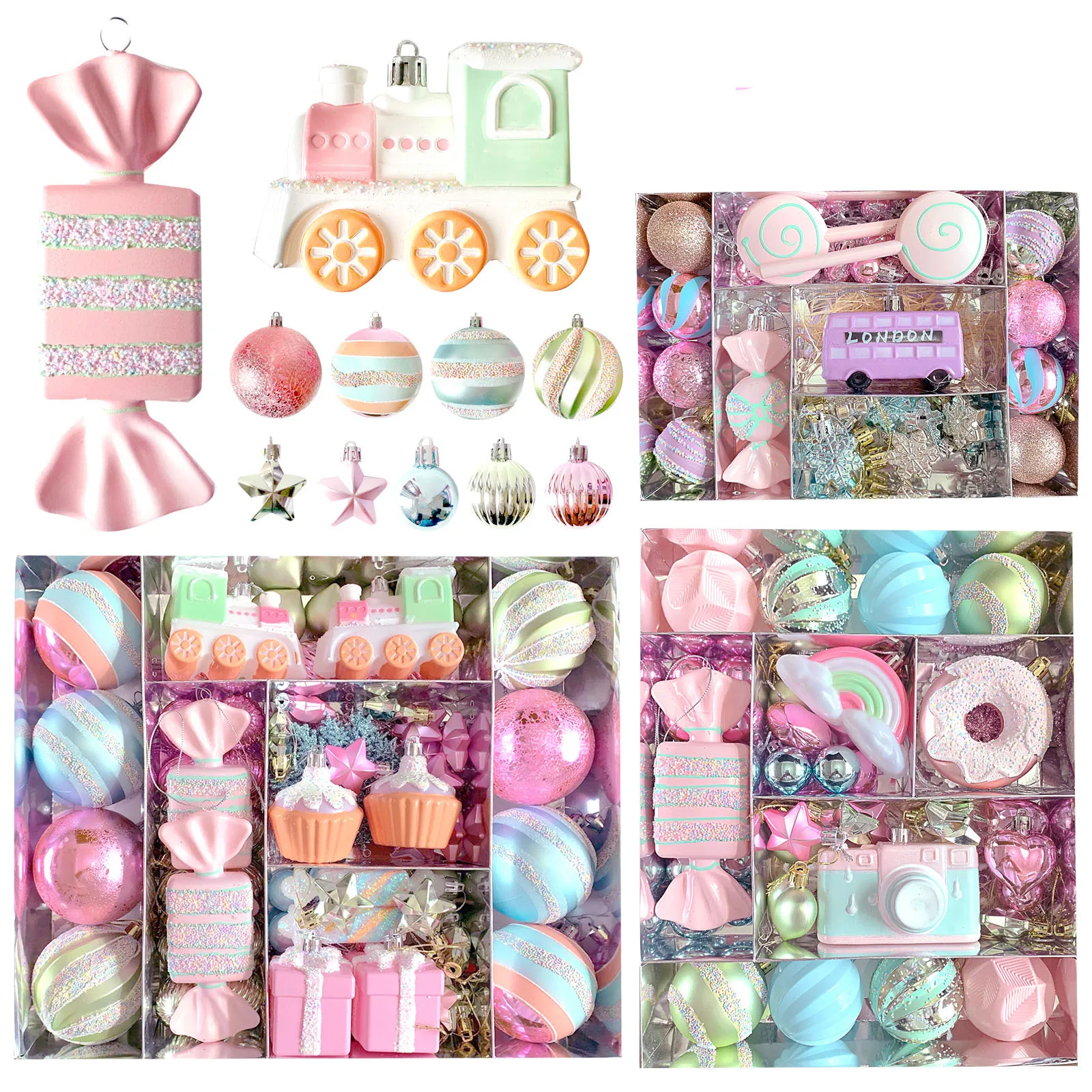 58 pcs pink macaron series christmas tree hanging Ornament set christmas balls