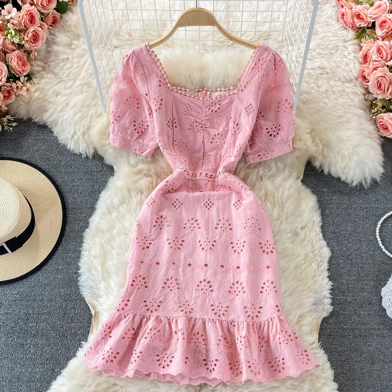 Summer ANSZKTN Square Collar Puff Sleeve Hollow Dress Fairy Style Crocheted Ruffled Slim Fit Sheath Dress Short Sleeve Dress