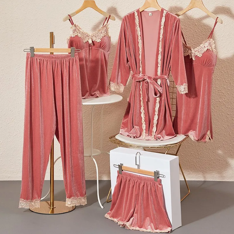Women Golden Velvet 5-pcs Set Nightwear Pajama with Breast Cushion Slip Nightdress Bridal Sleep Wear