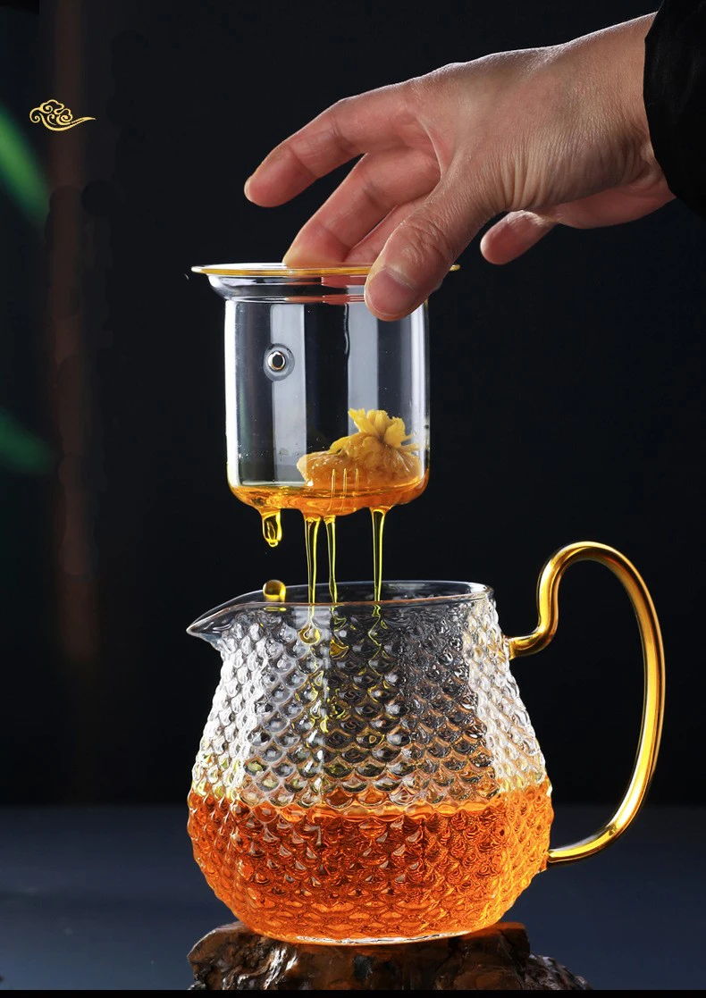 Qian Hu Vintage Clear Luxury Turkish Kettle Glass Teapot Set with Arabic Style Gold Metal Holder