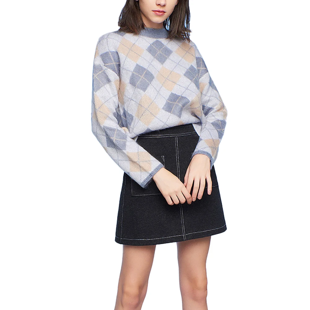 hot selling women fashion plaid knitted o neck women cashmere sweater