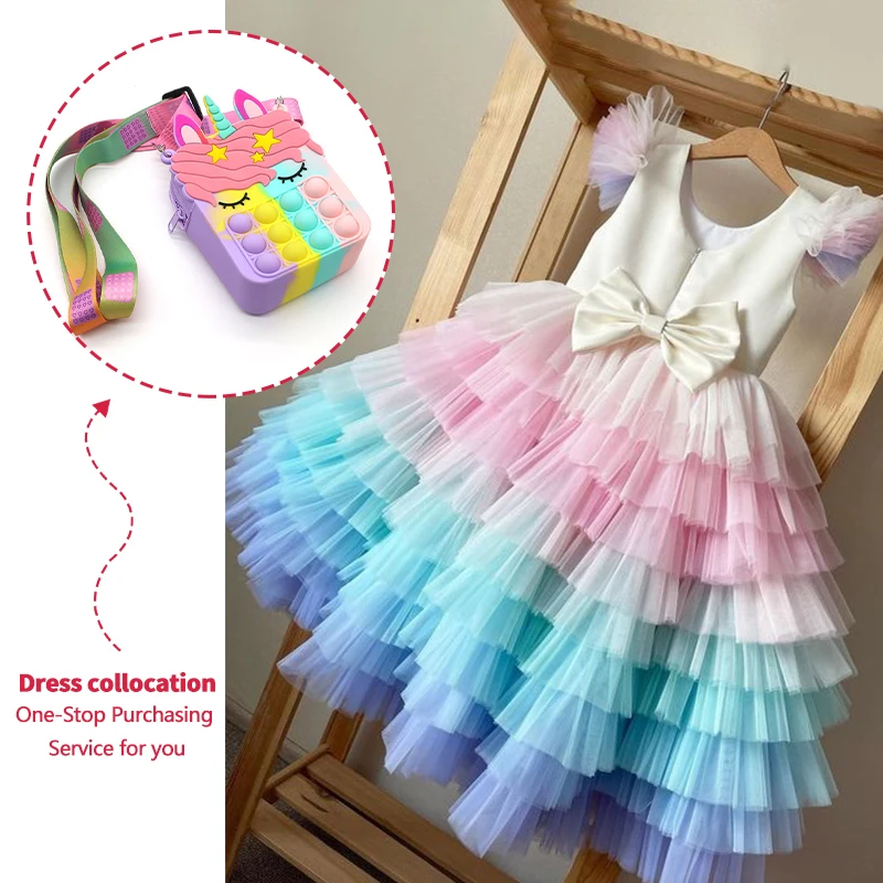 New Kids Unicorn Clothes Rainbow Layered Design Cake Skirt Prom Party Show Fluffy Bow Girl Dress