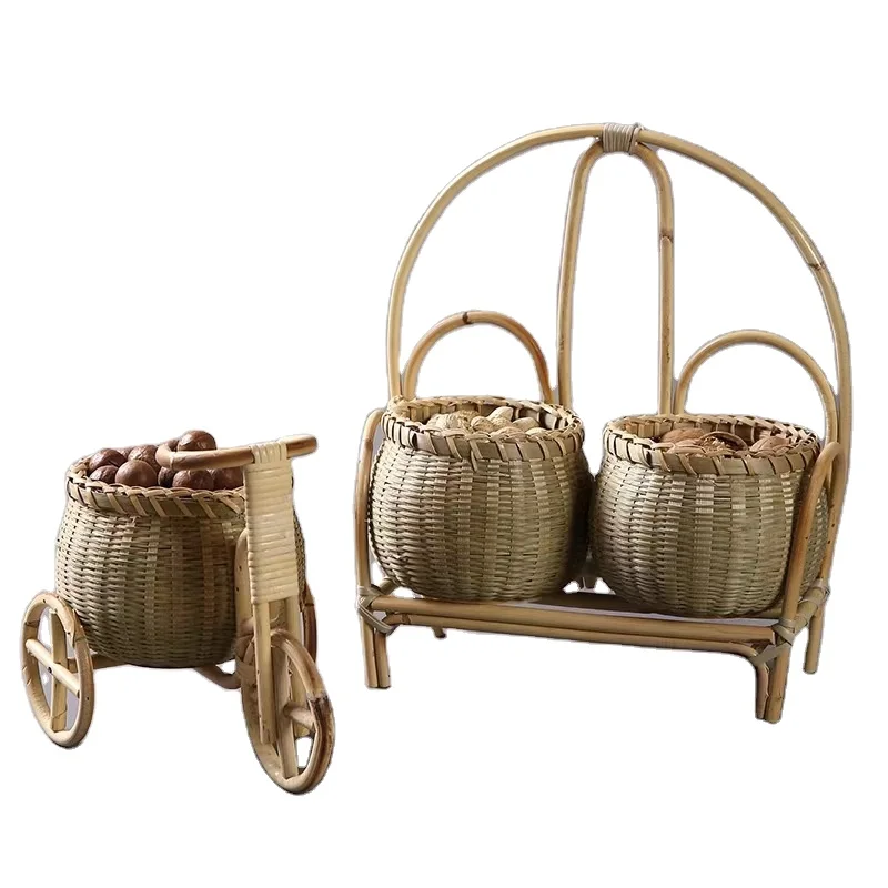 Bicycle Decorative Flower Basket Bamboo Rattan White Tricycle Design Flower Basket Storage Home Decoration Woven Storage Basket