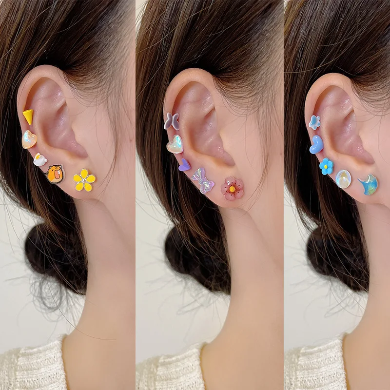 DAIHE S925 Silver Needle Candy Color Cute Heart Flower Ceramics Stud Earrings Delicate Clay Earrings Set for Women Girls