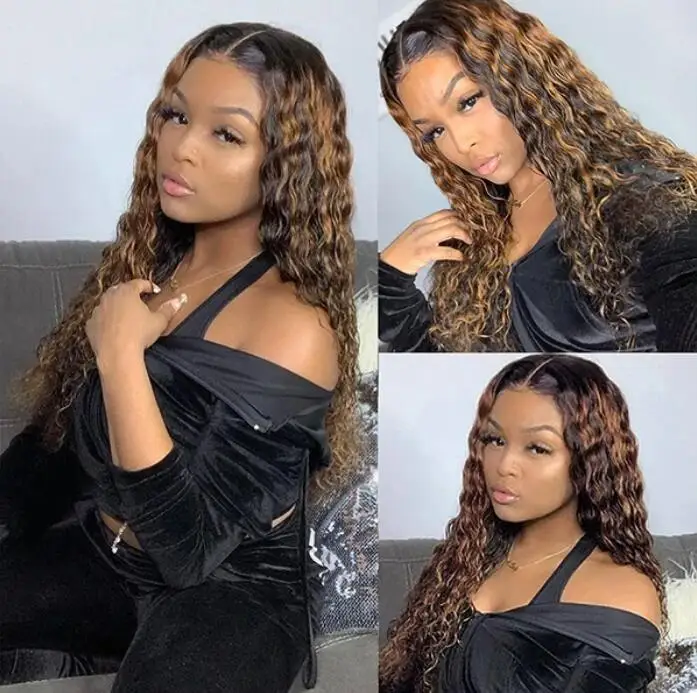 
Ombre 27/30 Color Piano Color Human Hair Wigs Brazilian Remy Hair Pre-Plucked Wigs 13*4 Lace Front Wig deep wave 