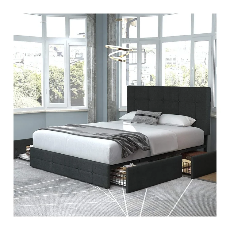 Wholesale line fabric wooden double bed frame drawers storage drawers bed with buttons tufted headboard for sales