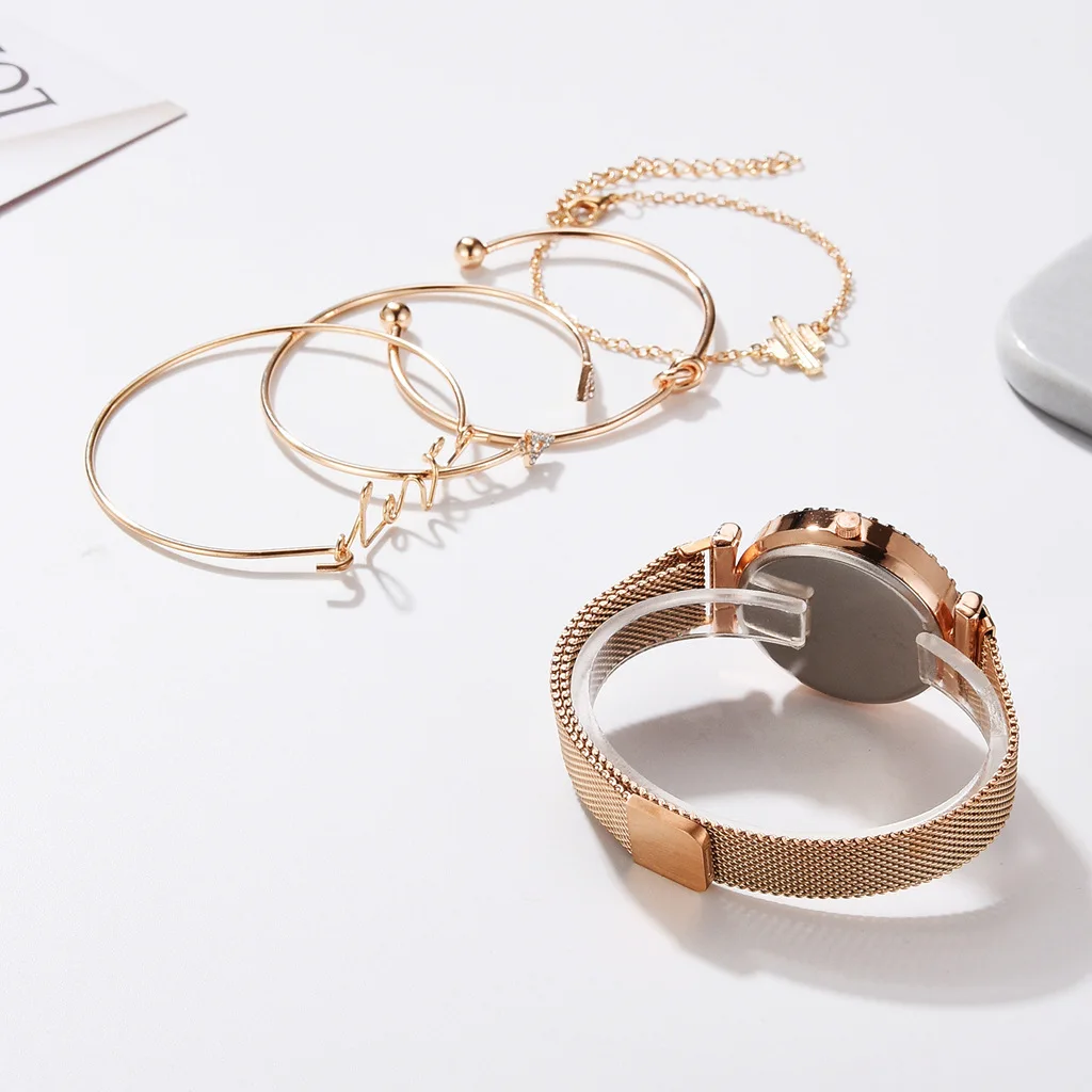 Luxury Brand Rose Gold Starry Sky Dial Watches Women Ladies Crystal Bracelet Quartz Wrist Watch 5 PCS Set Relogio Feminino